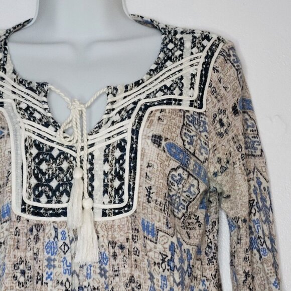 Lucky Brand Top Size S Boho Blue Multicolor 3/4 Sleeve Peasant Tassel Tie - Picture 3 of 14